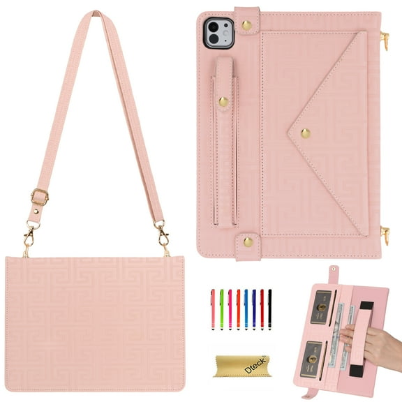 Dteck for iPad Pro 13 Inch Case M4 (2024), Portfolio Case Shoulder Bag for iPad Pro 13, PU Leather Business iPad Case with Pencil Holder Envelope Pocket Hand Strap Holder, Retro Pink