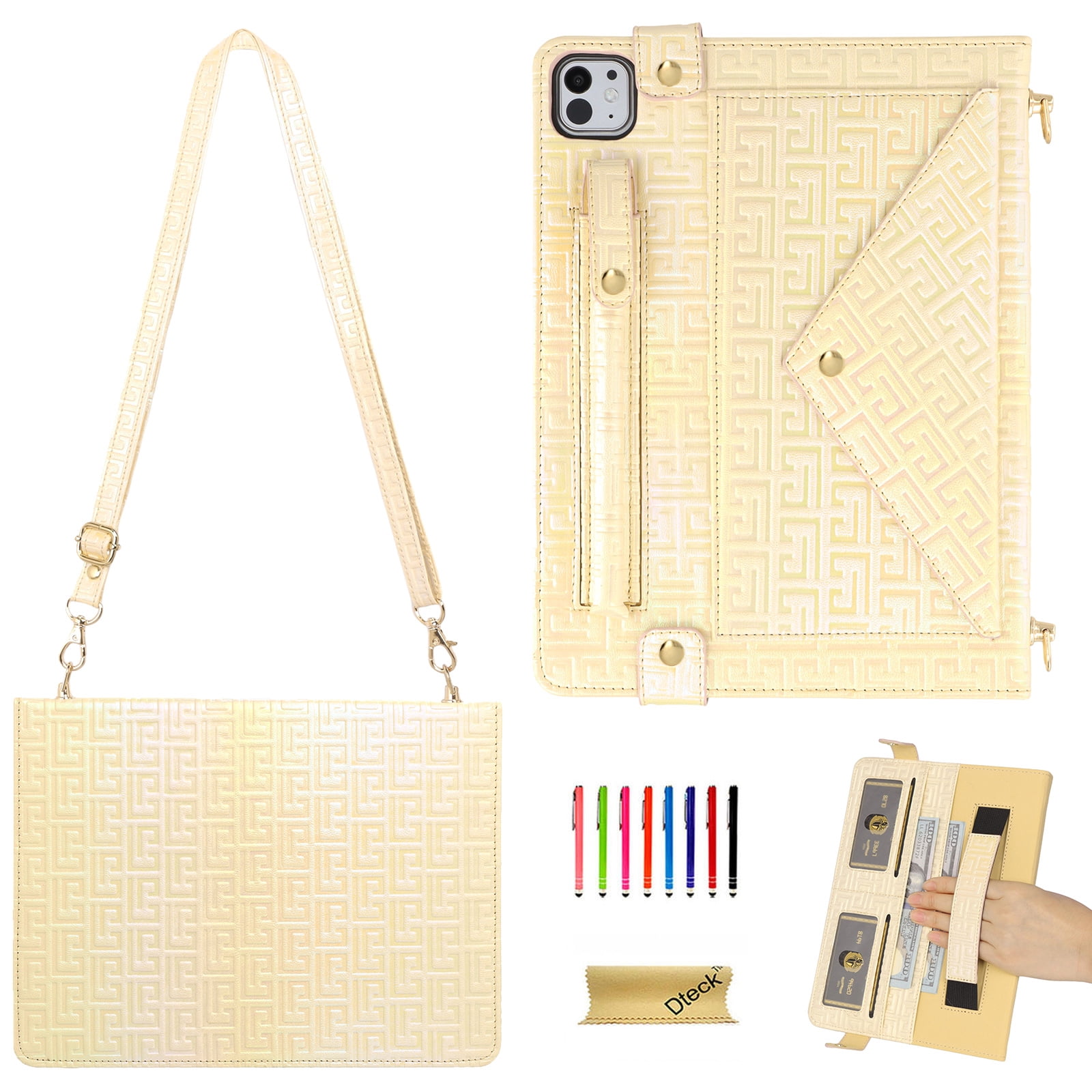 Dteck for iPad Pro 13 Inch Case M4 (2024), Portfolio Case Shoulder Bag for iPad Pro 13, PU Leather Business iPad Case with Pencil Holder Envelope Pocket Hand Strap Holder, Apricot