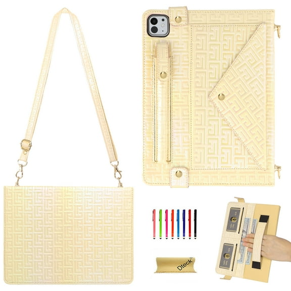Dteck for iPad Pro 13 Inch Case M4 (2024), Portfolio Case Shoulder Bag for iPad Pro 13, PU Leather Business iPad Case with Pencil Holder Envelope Pocket Hand Strap Holder, Apricot