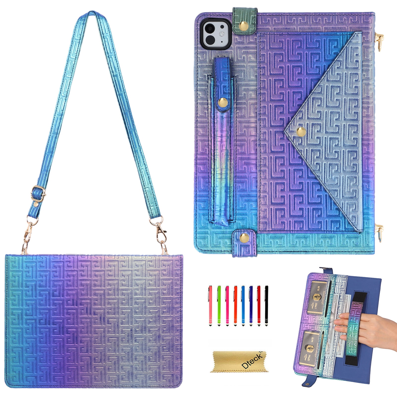 Dteck for iPad Pro 13 Inch Case M4 (2024), Portfolio Case Shoulder Bag for iPad Pro 13, PU Leather Business iPad Case with Pencil Holder Envelope Pocket Hand Strap Holder, Colorful