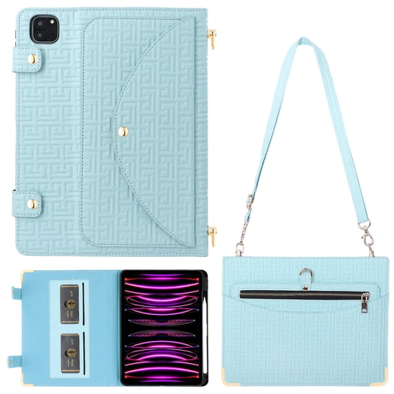 Dteck for iPad Pro for iPad Pro 13 inch Case (M4) 2024, Premium Leather Business Folio Stand Cover with Zipper Pocket Credit Card Holder Pencil Holder - Crossbody iPad Case with Shoulder Strap,Blue