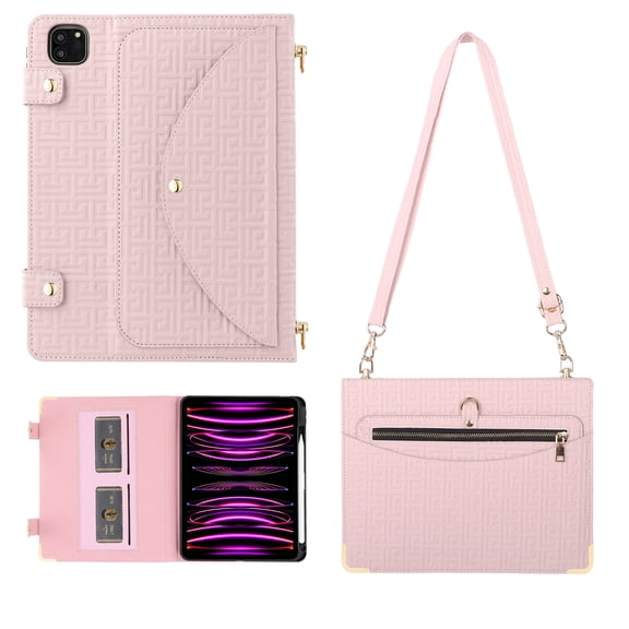 Dteck for iPad Pro for iPad Pro 13 inch Case (M4) 2024, Premium Leather Business Folio Stand Cover with Zipper Pocket Credit Card Holder Pencil Holder - Crossbody iPad Case with Shoulder Strap,Pink