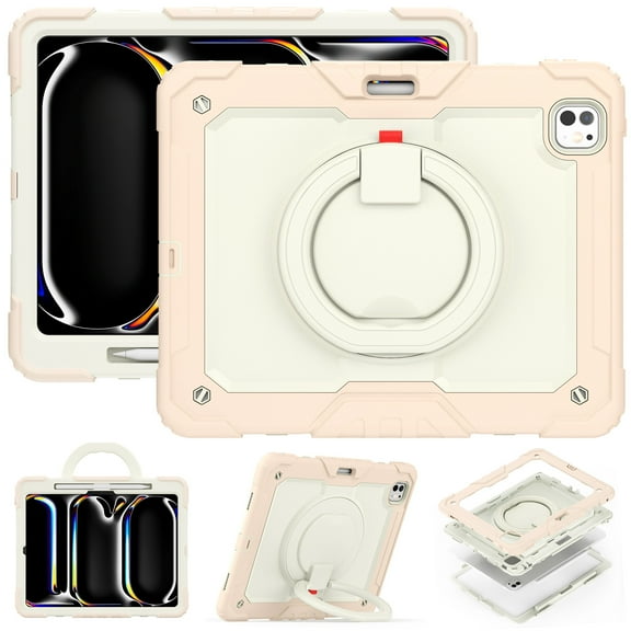 Dteck for iPad Pro 13 inch M4 2024 (7th Generation) Heavy Duty Case, Shockproof Drop Protection with Screen Protector & Pencil Holder & Rotating Stand & Handle Rugged Protective Cover, Rosegold