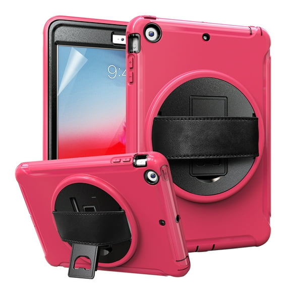Dteck iPad mini 1 2 3 Kids Case, Heavy Duty 360 Rotating Kickstand Rugged Hybrid Shockproof Cover with Hand Strap For iPad mini 1 2 3 7.9 inch, Pink