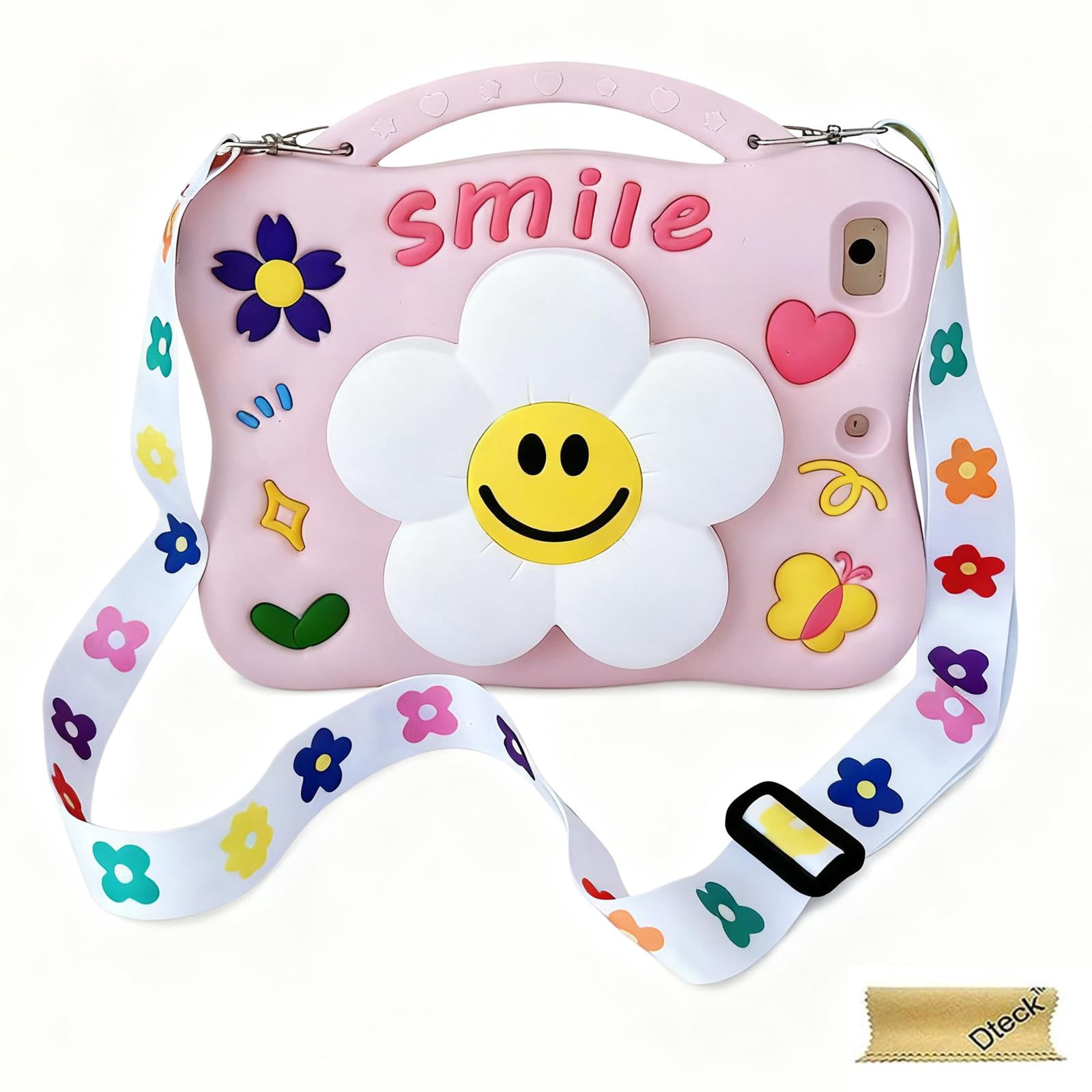 Dteck for iPad mini 5/4/3 Generation 7.9" Case with Pencil Holder, Soft Silicone Cute Cartoon for 7.9 Inch iPad mini with Shoulder Strap Foldable Stand for Kids Boys Girls,Flower