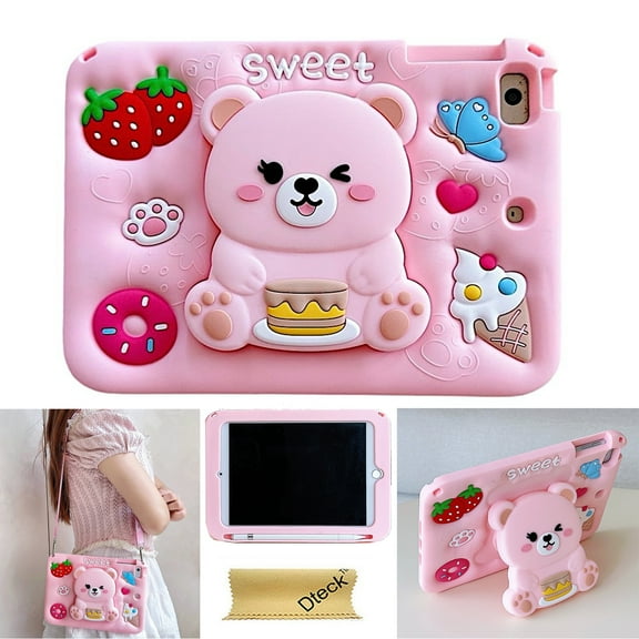 Dteck for iPad mini 5/4/3 Generation 7.9" Case with Pencil Holder, Soft Silicone Cute Cartoon for 7.9 Inch iPad mini with Shoulder Strap Foldable Stand for Kids Boys Girls,Pink Bear