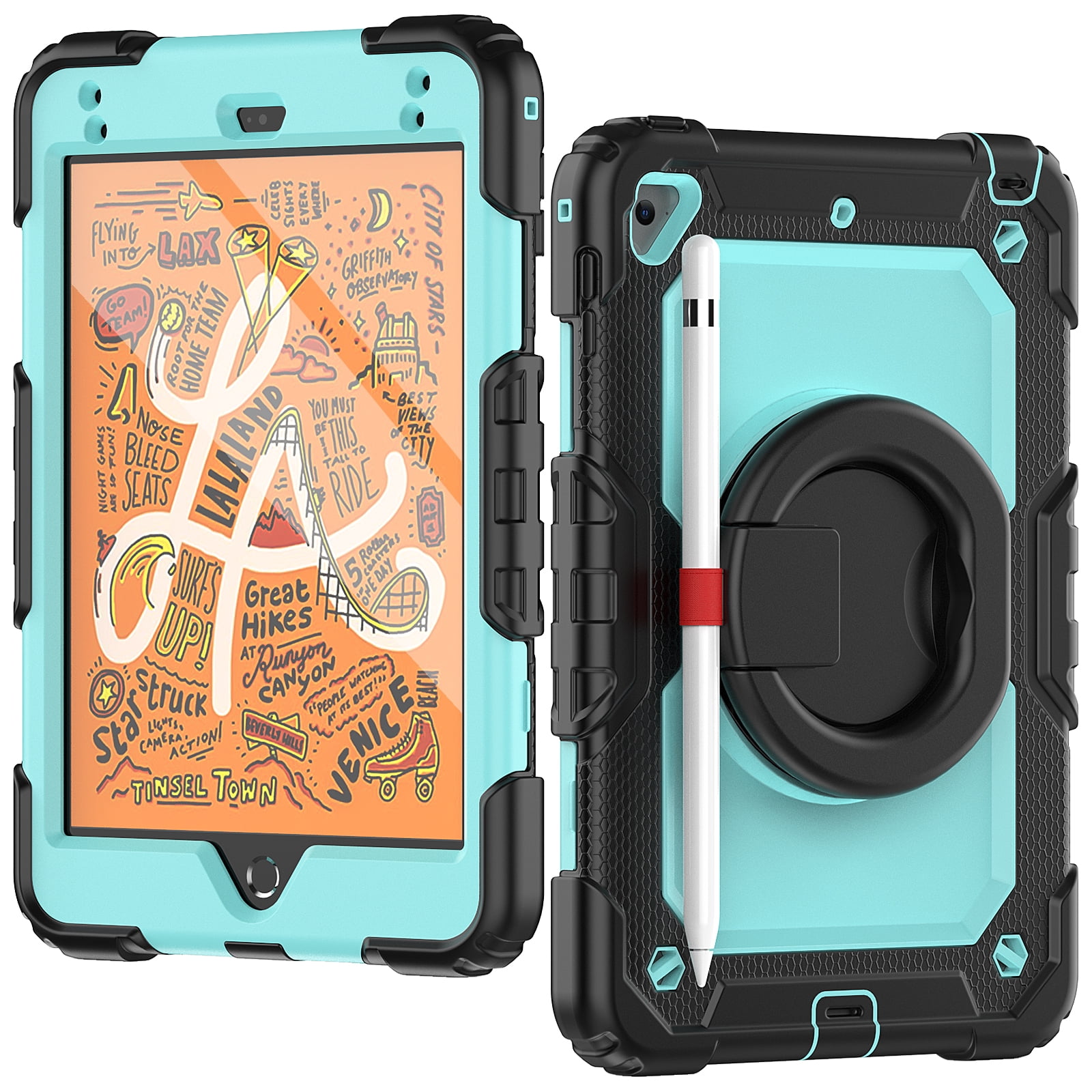 Dteck iPad mini 5 Case / iPad mini 6 Case with Built in Screen Protector, Child Proof Heavy Duty Shockproof Kids Case with Rotating Stand Handle Pencil Holder for iPad mini 5/4 7.9",Black + Light Blue