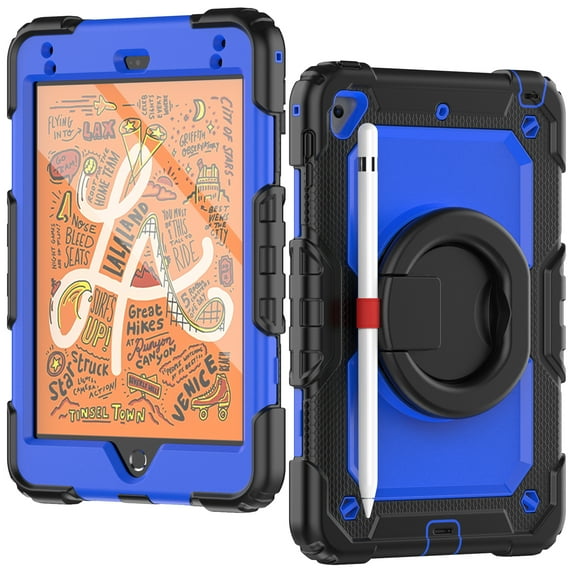 Dteck iPad mini 5 Case / iPad mini 6 Case with Built in Screen Protector, Child Proof Heavy Duty Shockproof Kids Case with Rotating Stand Handle Pencil Holder for iPad mini 5/4 7.9", Black + Blue