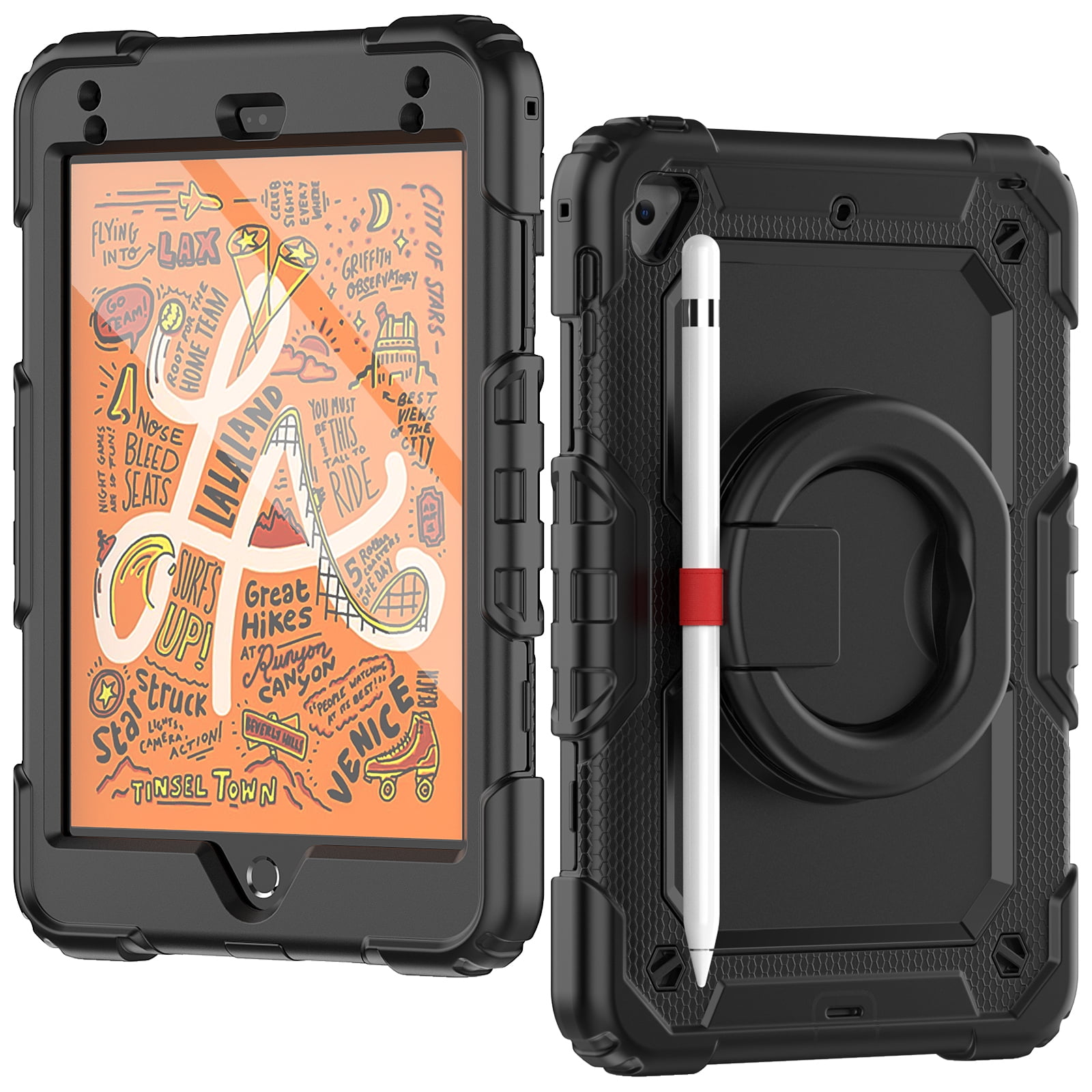 Dteck iPad mini 5 Case / iPad mini 6 Case with Built in Screen Protector, Child Proof Heavy Duty Shockproof Kids Case with Rotating Stand Handle Pencil Holder for iPad mini 5/4 7.9", Black