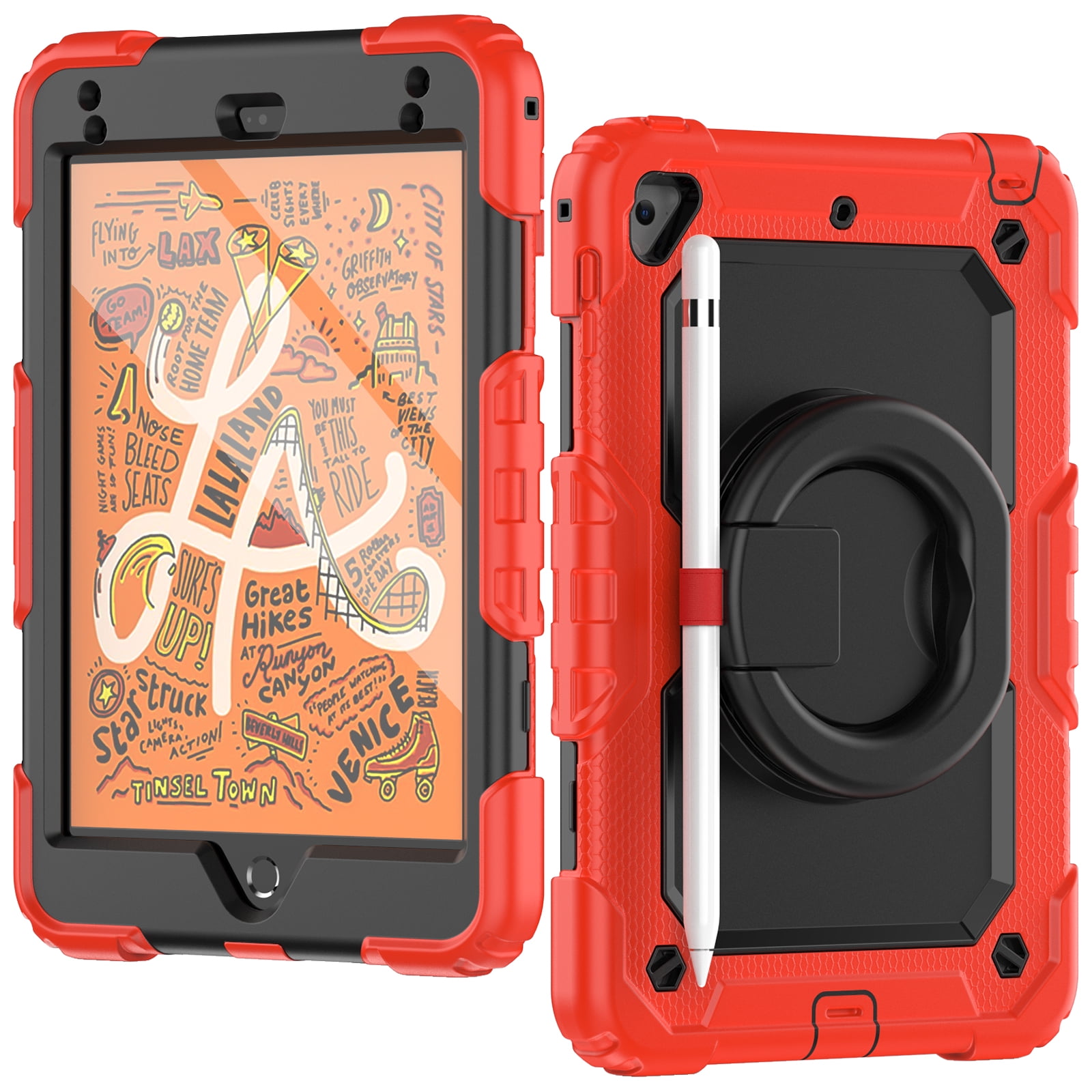 Dteck iPad mini 5 Case / iPad mini 6 Case with Built in Screen Protector, Child Proof Heavy Duty Shockproof Kids Case with Rotating Stand Handle Pencil Holder for iPad mini 5/4 7.9", Red
