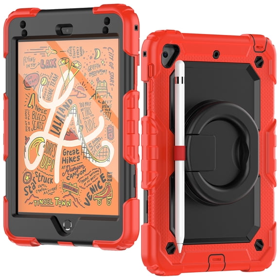 Dteck iPad mini 5 Case / iPad mini 6 Case with Built in Screen Protector, Child Proof Heavy Duty Shockproof Kids Case with Rotating Stand Handle Pencil Holder for iPad mini 5/4 7.9", Red