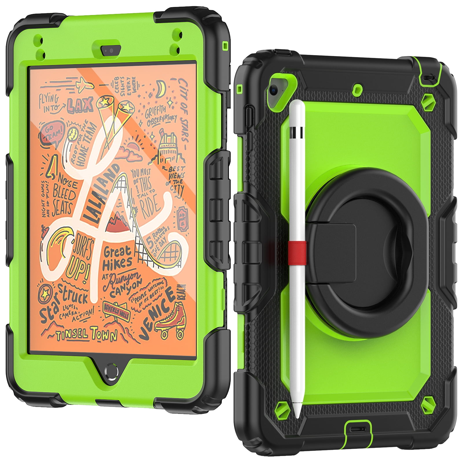 Dteck iPad mini 5 Case / iPad mini 6 Case with Built in Screen Protector, Child Proof Heavy Duty Shockproof Kids Case with Rotating Stand Handle Pencil Holder for iPad mini 5/4 7.9", Black + Green