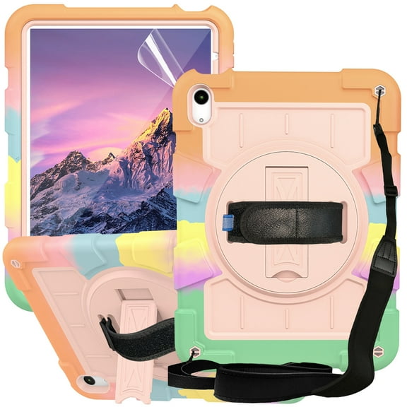 Dteck for iPad mini 6 Case 8.3 Inch, Heavy Duty Rugged Protective Kids 6th gen iPad mini Cover with Rotating Stand Hand/Shoulder Strap,Rainbow Rosegold