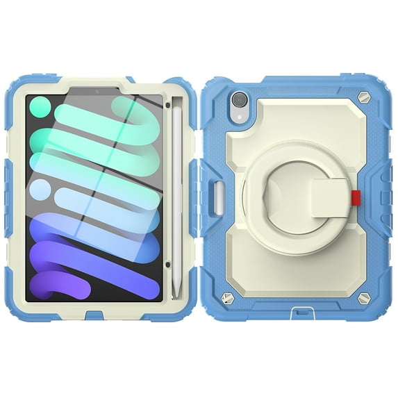 Dteck for iPad mini (6th Generation) Heavy Duty Kids Case with Pencil Holder Screen Protector Pencil Holder Ring Kickstand Cover for iPad Mini 6th Gen,Blue