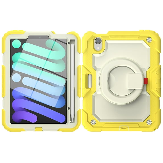 Dteck for iPad mini (6th Generation) Heavy Duty Kids Case with Pencil Holder Screen Protector Pencil Holder Ring Kickstand Cover for iPad Mini 6th Gen, Yellow