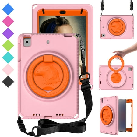 Dteck for iPad mini Case 7.9" with Screen Protector, 360 Rotating Handle Grip Stand Crossbody Shoulder Strap, Dteck Full Body Drop-Proof Kids Case for Apple iPad mini 5/4/3/2/1 7.9 Inch,Pink
