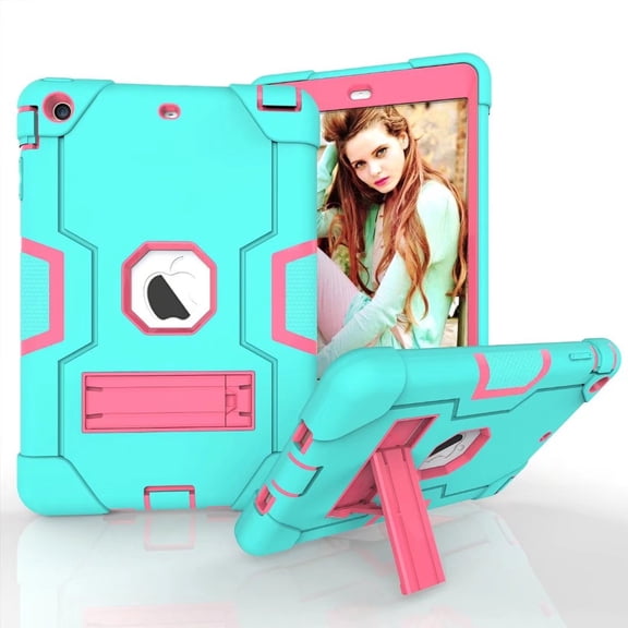 Dteck iPad mini/mini2/mini3 Case Heavy Duty Shockproof Hybrid Kickstand Cover Aqua/Rose