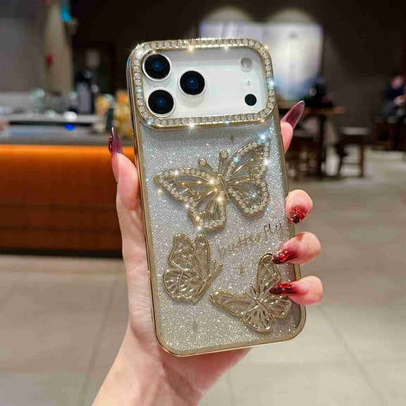 Dteck for iPhone 11 Bling Diamond Butterfly Case, Cute Luxury Sparkle Glitter Diamond Crystal Rhinestone Protective Case Cover for Girls Women Kids, Gold