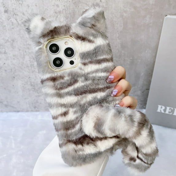Dteck iPhone 11 Case 6.1-inch, Cute Girly Soft Warm Faux Fur with Tiger Tail Protective Shockproof Case for Girls Women Cover for Apple iPhone 11, Gray