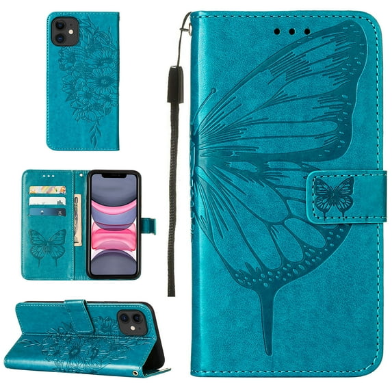 Dteck iPhone 11 Case, Butterfly Patterned Wallet Case, Magnetic Hand Strap Credit Card Holder Slots Synthetic Leather Kickstand Protective Cover For iPhone 11, Blue