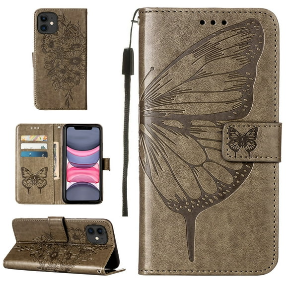 Dteck iPhone 11 Case, Butterfly Patterned Wallet Case, Magnetic Hand Strap Credit Card Holder Slots Synthetic Leather Kickstand Protective Cover For iPhone 11, Gray