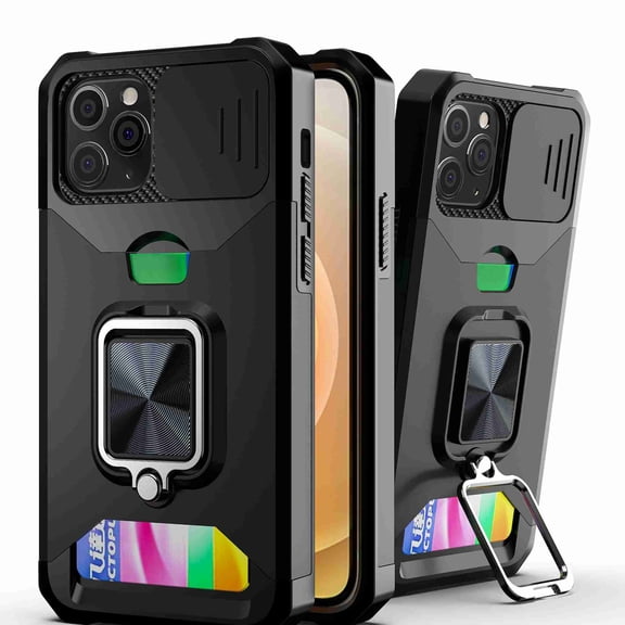 Dteck for iPhone 11 Case with Camera Cover & Kickstand, Slide Lens Protection + 360° Rotate Ring Stand, Impact-Resistant, Shockproof, Protective Bumper, Black