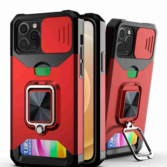 Dteck for iPhone 11 Case with Camera Cover & Kickstand, Slide Lens Protection + 360? Rotate Ring Stand, Impact-Resistant, Shockproof, Protective Bumper, Red