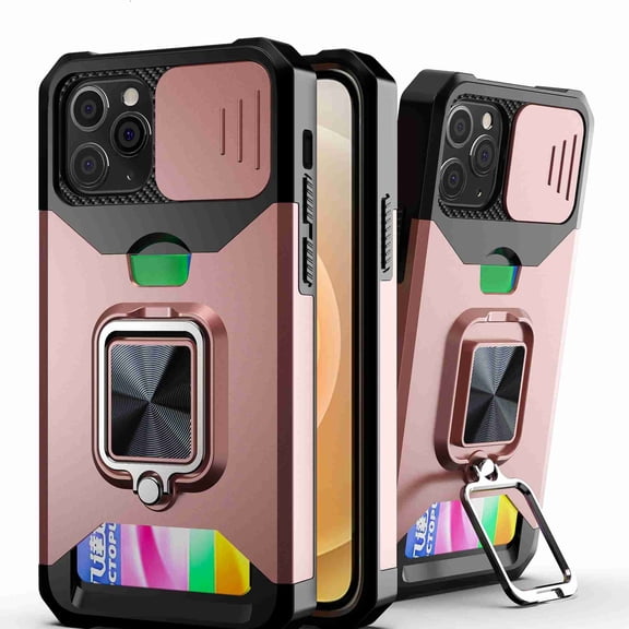 Dteck for iPhone 11 Case with Camera Cover & Kickstand, Slide Lens Protection + 360? Rotate Ring Stand, Impact-Resistant, Shockproof, Protective Bumper, Rosegold