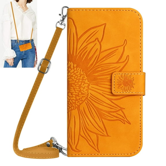 Dteck for iPhone 11 Case, Crossbody Wallet Phone Case Embossed Flower PU Leather with Card Holder, Magnetic Closure Flip Folio Case with Lanyard,Yellow