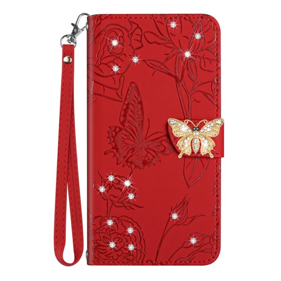 Dteck iPhone 11 Case, Diamond Butterfly Embossed Wallet Flip PU Leather Magnetic Card Slots Shockproof Flip Magnetic Cover for iPhone 11,Red