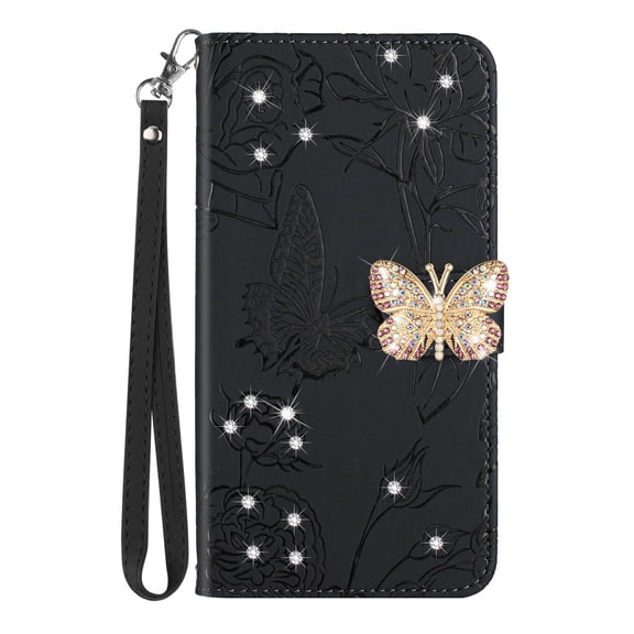 Dteck iPhone 11 Case, Diamond Butterfly Embossed Wallet Flip PU Leather Magnetic Card Slots Shockproof Flip Magnetic Cover for iPhone 11,Black (Colorful Diamond Butterfly)