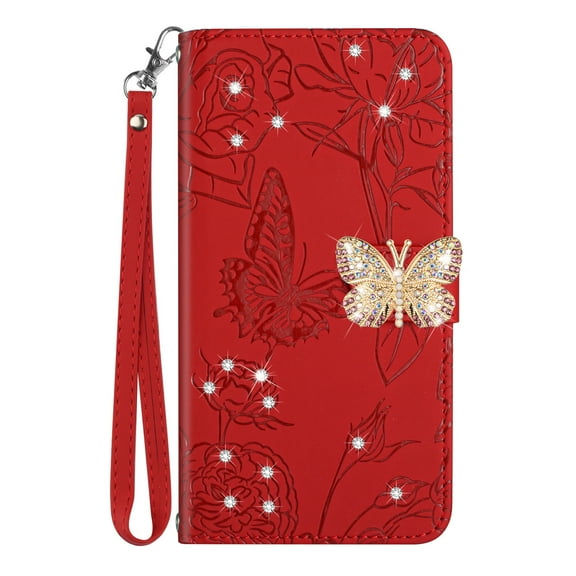 Dteck iPhone 11 Case, Diamond Butterfly Embossed Wallet Flip PU Leather Magnetic Card Slots Shockproof Flip Magnetic Cover for iPhone 11,Red (Colorful Diamond Butterfly)