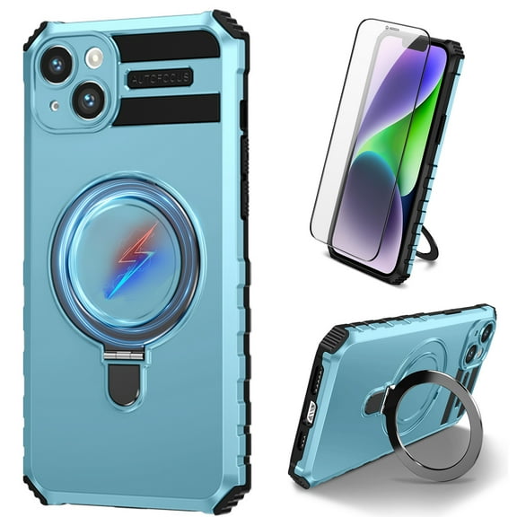 Dteck for iPhone 11 Case with Magnetic Invisible Stand, Compatible with MagSafe, Glass Screen Protector + Camera Protector Shockproof Rugged Case Cover for iPhone 11,Blue