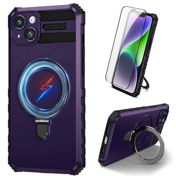 Dteck for iPhone 11 Case with Magnetic Invisible Stand, Compatible with MagSafe, Glass Screen Protector + Camera Protector Shockproof Rugged Case Cover for iPhone 11,Purple