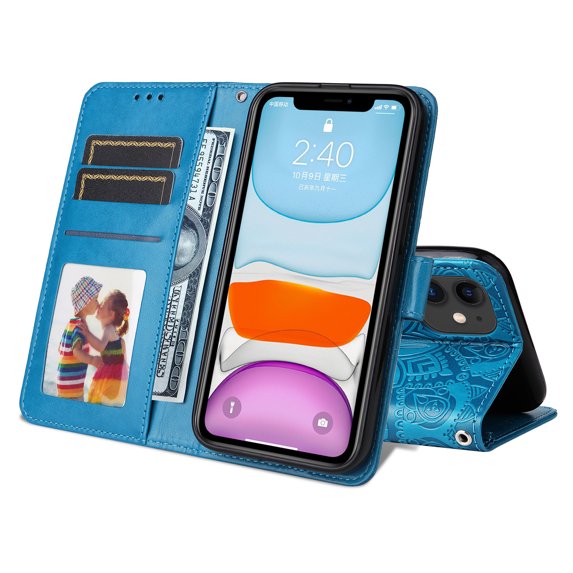 Dteck iPhone 11 Case, PU Premium Leather Embossed Wallet Card Cash Slots Ultra-Slim Magnetic Flip Kickstand Shockproof Cover for iPhone 11 6.1 inch,Blue