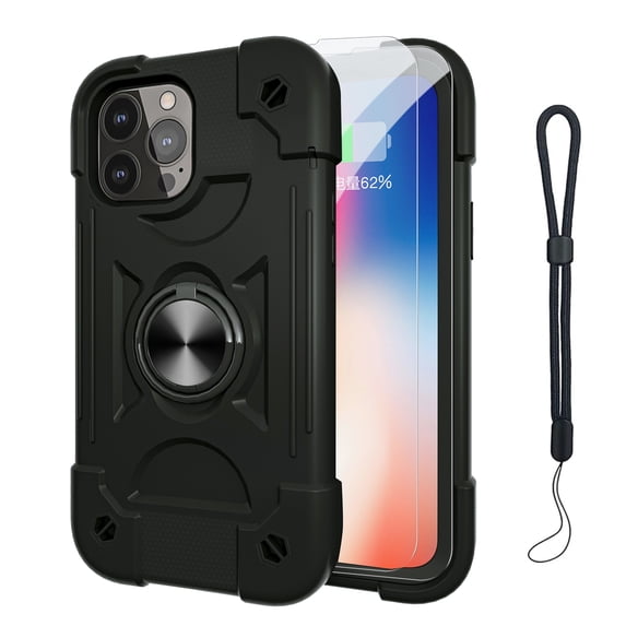 Dteck for iPhone 11 Case with Screen Protector (2 Packs), 360°Rotate Ring Stand Military Grade Drop Protection Full Body Cute Case for iPhone 11 6.1 Inch,Black
