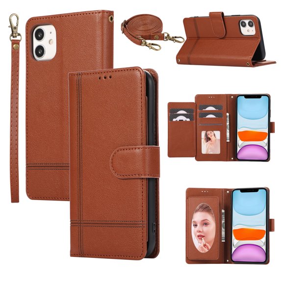 Dteck for iPhone 11 Case with Shoulder/Wrist Strap,Magnetic Leather Case Card Slots Wallet with Mirror Shockproof TPU Kickstand Cover for iPhone 11,Brown