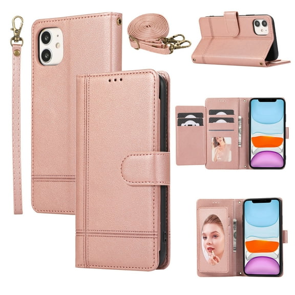 Dteck for iPhone 11 Case with Shoulder/Wrist Strap,Magnetic Leather Case Card Slots Wallet with Mirror Shockproof TPU Kickstand Cover for iPhone 11,Rosegold