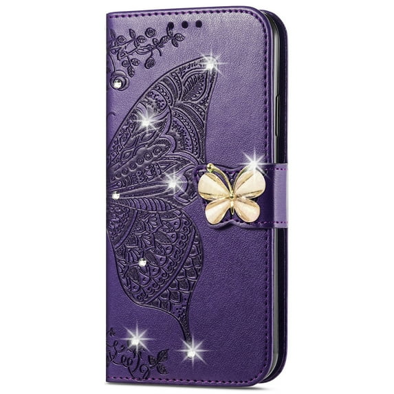 Dteck for iPhone 11 Case Wallet for Women, Flip Folio Cover with Butterfly Embossed Diamond PU Leathe Stand Card Holder Protective Case with Wrist Strap,Deep Purple