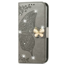 Dteck for iPhone 11 Case Wallet for Women, Flip Folio Cover with Butterfly Embossed Diamond PU Leathe Stand Card Holder Protective Case with Wrist Strap,Gray