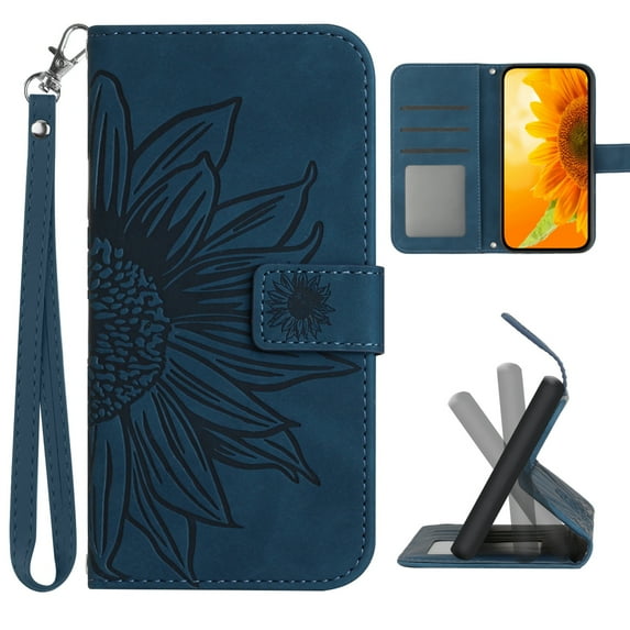 Dteck for iPhone 11 Case Wallet for Women Men Durable Embossed PU Leather Magnetic Folio Flip Stand Wrist Strap Card Holder Shockproof Phone Case,Ink Blue