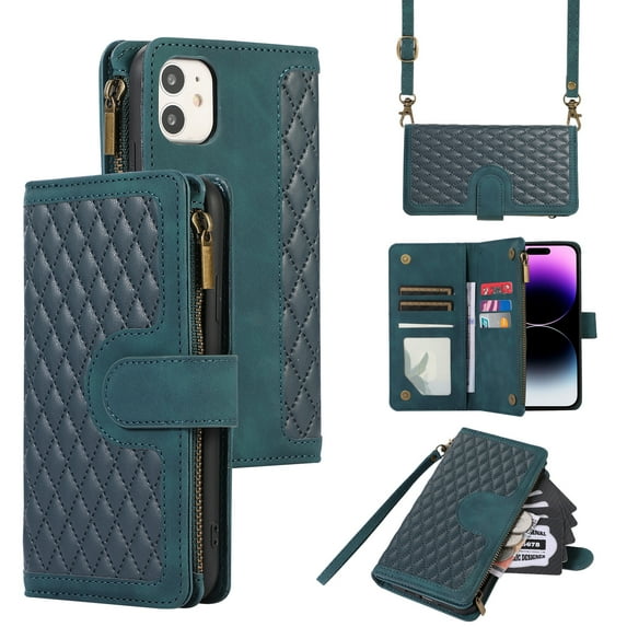 Dteck for iPhone 11 Case, iPhone 11 Wallet Case with 9 Card Slots, PU Leather Magnetic Flip Zipper Purse Wristlet Strap Crossbody Lanyard Kickstand Phone Case 6.1 Inch,Green