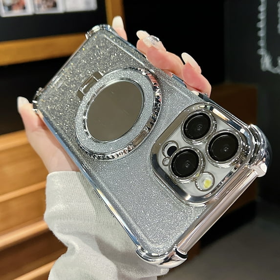 Dteck for iPhone 11 Magnetic Kickstand Glitter Case, Four Corners Shockproof Luxury Bling Glitter Paper 2 in 1 for Women Girls Plating Ring Stand Cover, Silver