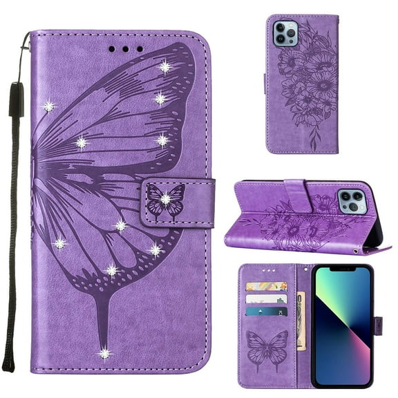 Dteck for iPhone 11 Pro Case Butterfly Pattern Leather Wallet Case Cute Women Diamond Bling Cover with Card Slot Wrist Strap Kickstand Folio Flip Protective Case for iPhone 11 Pro, Lightpurple