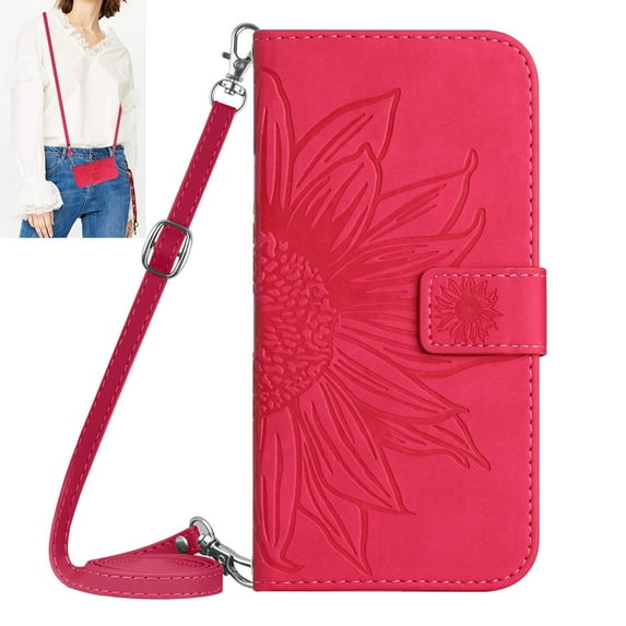 Dteck for iPhone 11 Pro Case, Crossbody Wallet Phone Case Embossed Flower PU Leather with Card Holder, Magnetic Closure Flip Folio Case with Lanyard,Rose