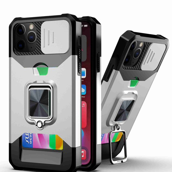 Dteck for iPhone 11 Pro Max Case with Camera Cover & Kickstand, Slide Lens Protection + 360° Rotate Ring Stand, Impact-Resistant, Shockproof, Protective Bumper, Silver