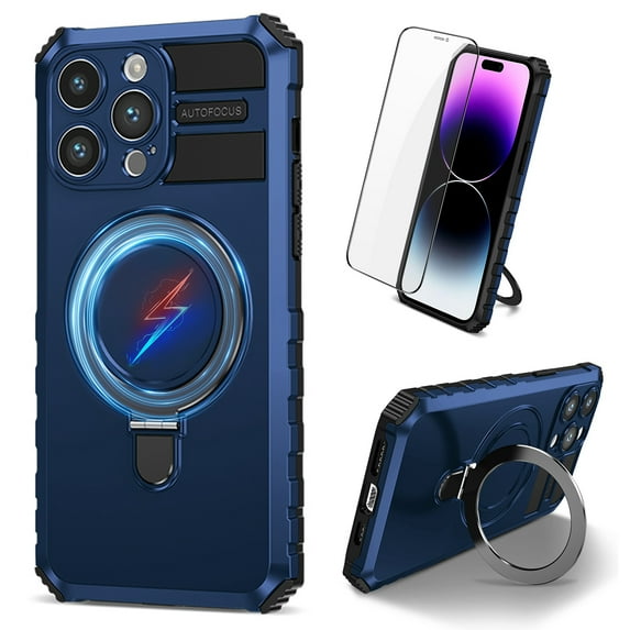 Dteck for iPhone 11 Pro Max Case with Magnetic Invisible Stand, Compatible with MagSafe, Glass Screen Protector + Camera Protector Shockproof Rugged Case Cover for iPhone 11 Pro Max,Royal Blue