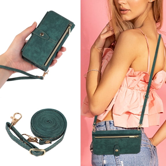 Dteck for iPhone 11 Pro Max Wallet Case, Magnetic 9 Card Slots Removable Adjustable Crossbody Lanyard Shoulder Strap Wristlet Zipper PU Leather Folio Case,Green