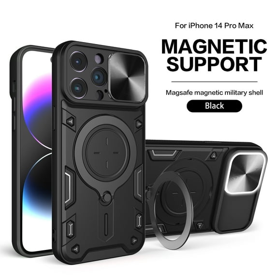 Dteck for iPhone 11 Pro Slide Lens Protection Case, Shockproof Magnetic Metal Ring Holder Kickstand Support Magnetic Shell, Heavy Duty Hybrid TPU PC Dual Layer Phone Cover, black