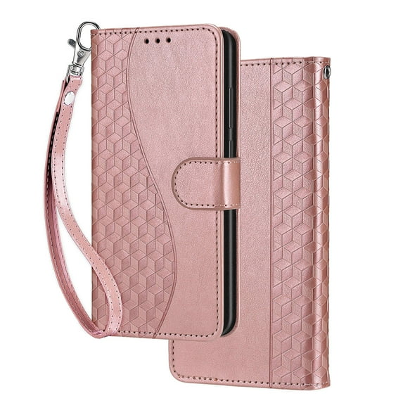 Dteck for iPhone 11 Pro Wallet Case for Women Girls, Embossed Flip Kickstand Cover with Card Holder Shockproof Phone Case with Wrist Strap for iPhone 11 Pro,Rosegold S-Cube